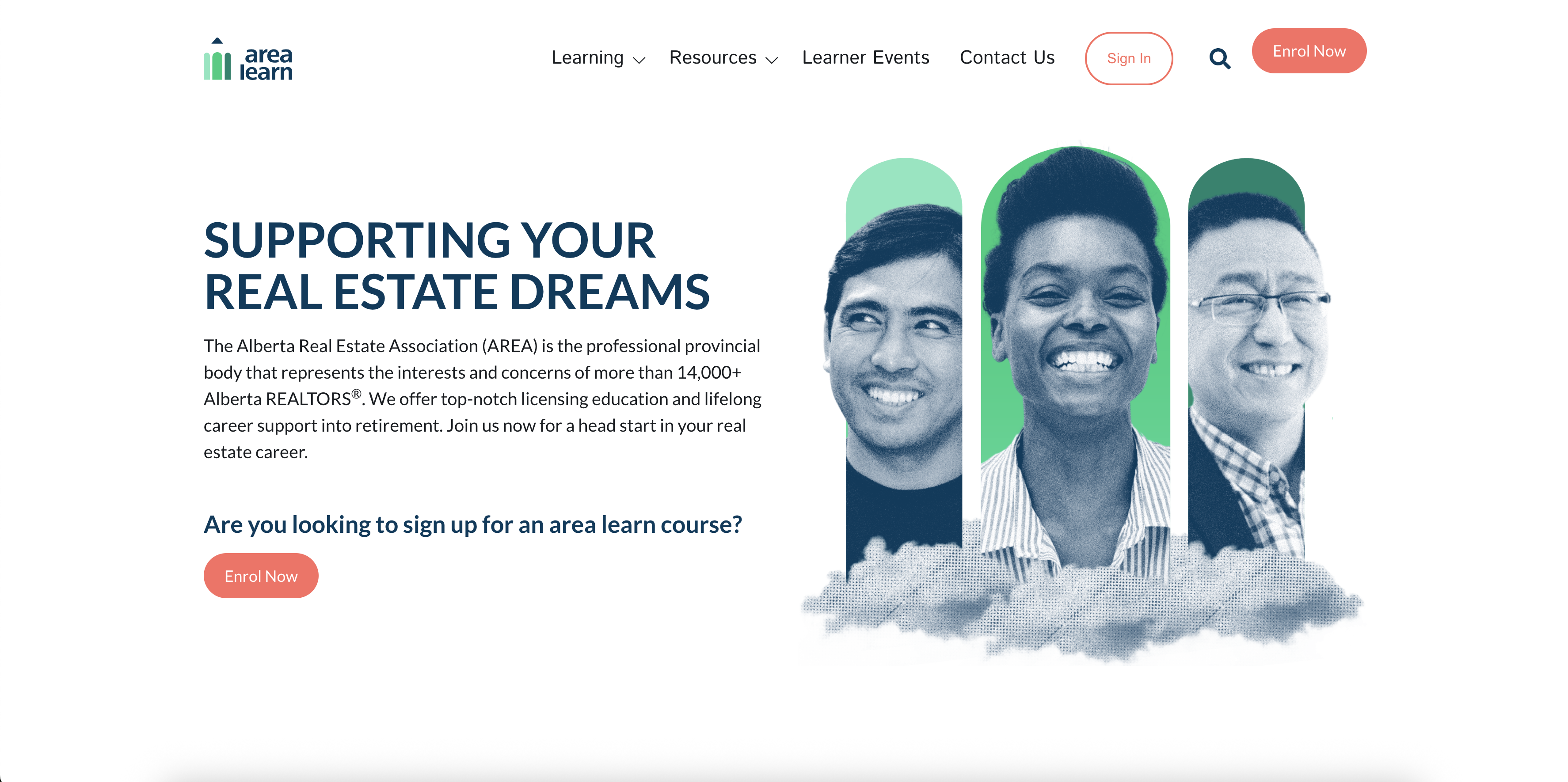 AREA Learn platform landing page